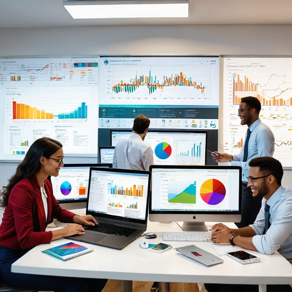 A vibrant and lively workspace filled with various research tools like laptops, graphs, and data charts. Soft light illuminates a diverse group of enthusiastic individuals collaborating, showcasing a joyful atmosphere. In the background, colorful infographics and digital elements float to emphasize the joy of data exploration. super-realistic. vibrant colors. white background.