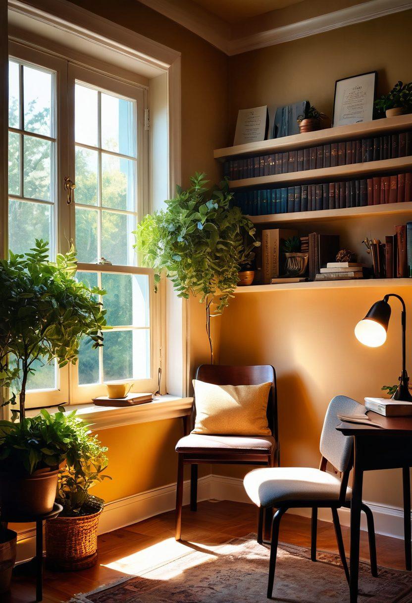 A serene study room filled with open books, a cozy chair, and a glowing desk lamp, symbolizing academic contentment. Include a window with warm sunlight streaming in, plants on the sill, and inspirational quotes on the walls. A peaceful atmosphere with scattered notes and a steaming cup of tea. super-realistic. vibrant colors. warm lighting.