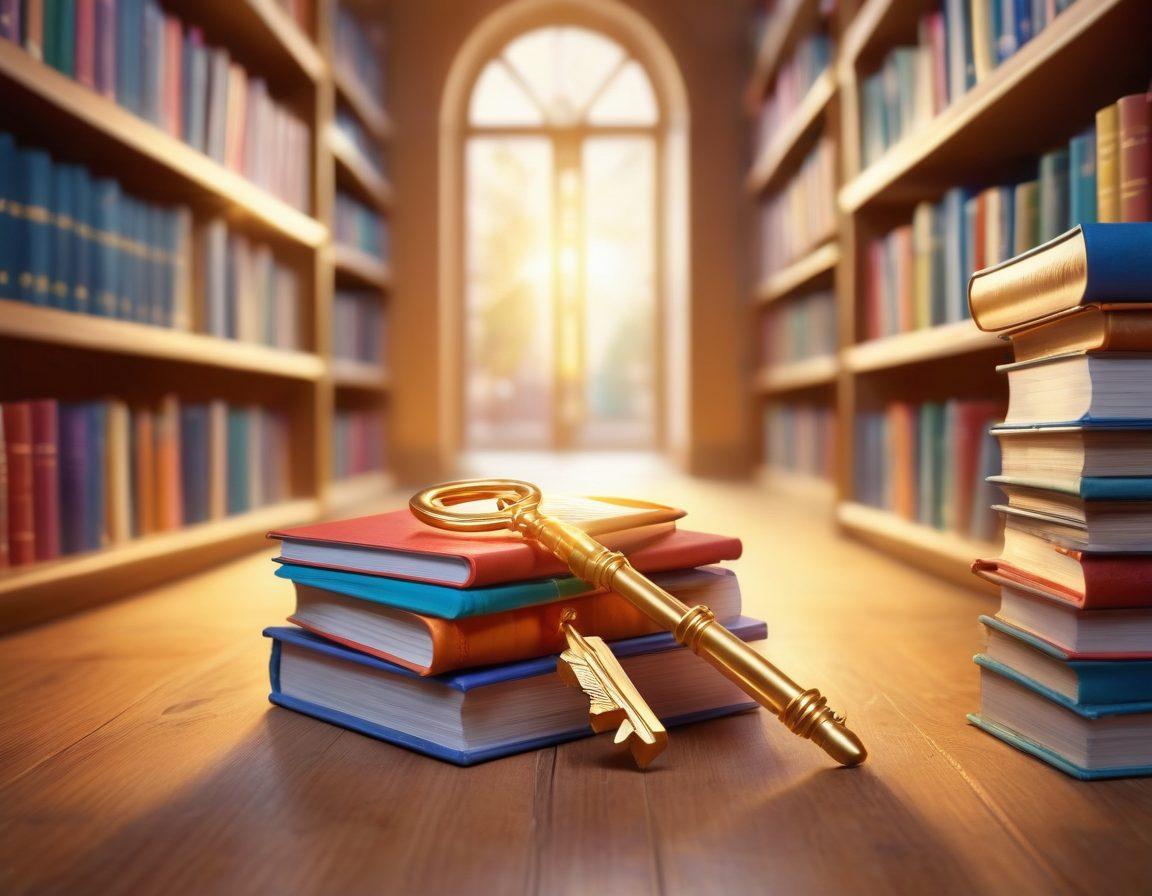 A golden key resting on a stack of colorful, opened books symbolizing knowledge, with beams of light radiating joy around it. In the background, a pathway leading to a bright, inviting research library filled with diverse people happily engaged in scholarly activities. Bright, cheerful colors enhancing the sense of achievement and happiness. super-realistic. vibrant colors.